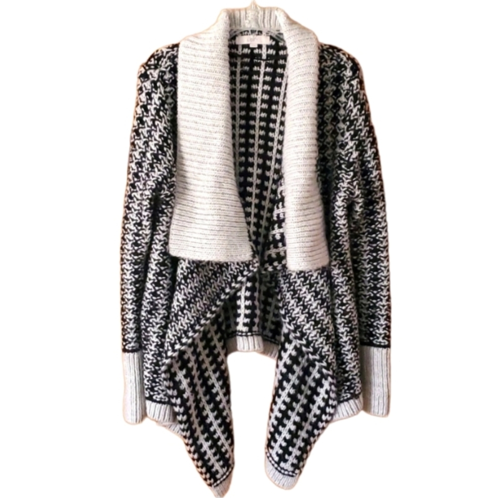Ann Taylor LOFT Womans Alpaca XL Black & Grey Marbled Shawl Collar Wool Cardigan